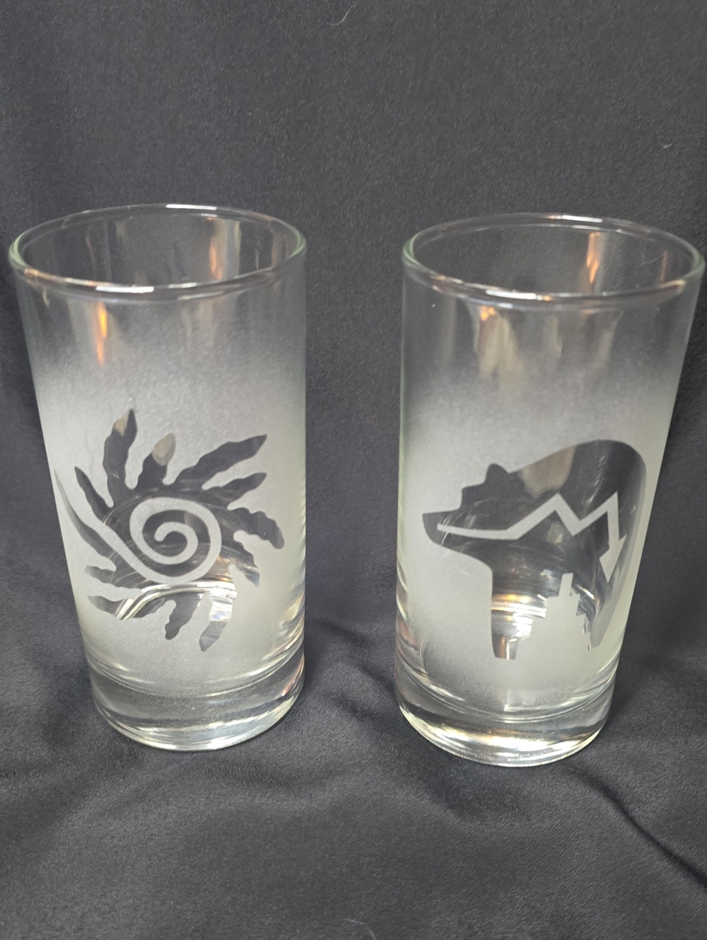 Vtg Southwestern Etched Highball Glasses - Heartline Bear & Spiral Sun Set Of 2